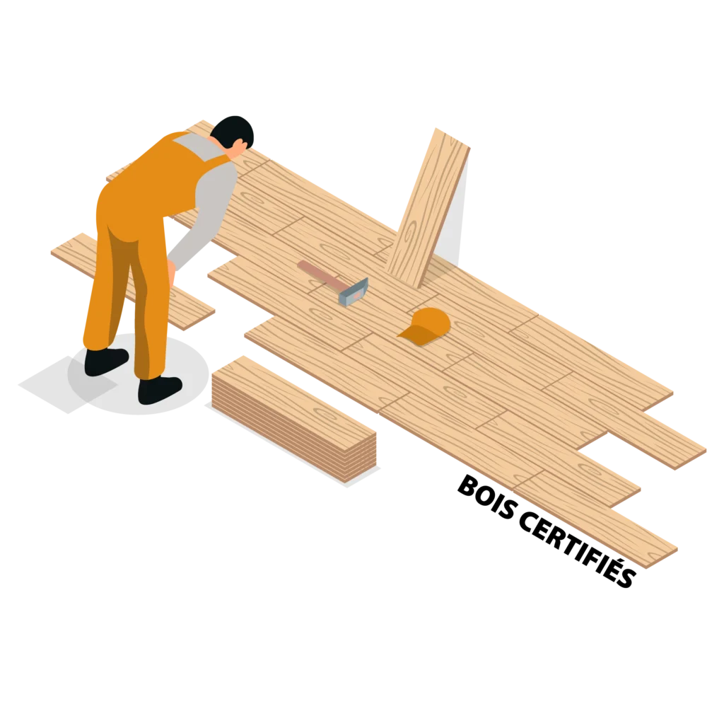 Graphisme d'un parqueteur posant du parquet en bois certifié