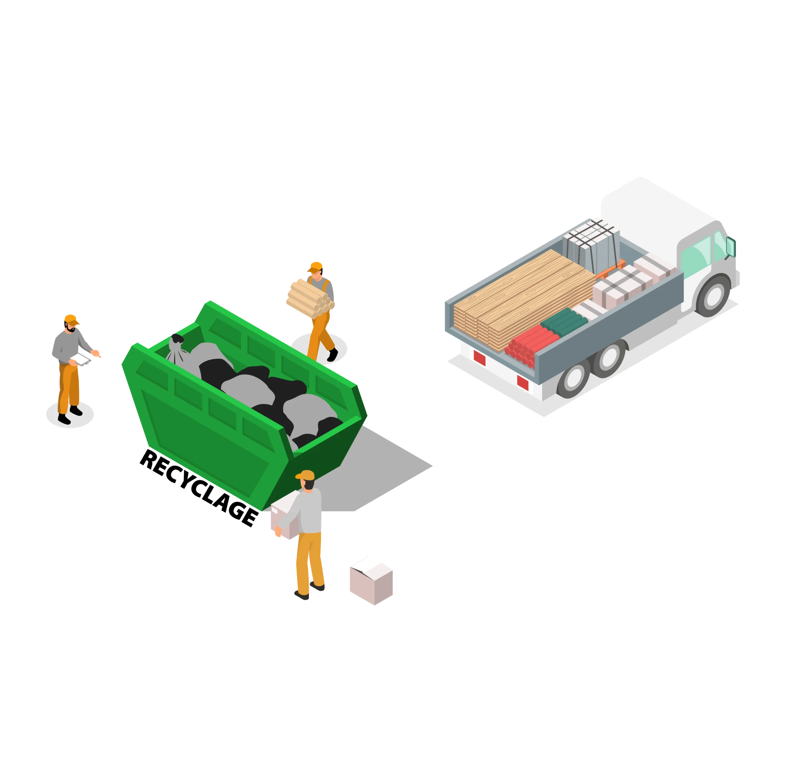 Graphisme de parqueteur mettant des déchets dans un poubelle à recyclage